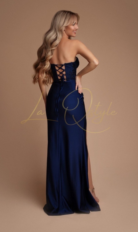 Dopasowana sukienka z gorsetem i rozcięciem na nogę GRANATOWA