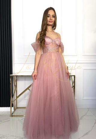 SCHERYL błyszcząca balowa sukienka tiulowa z gorsetem i rozcieciem księżniczka PUDROWY RÓŻ