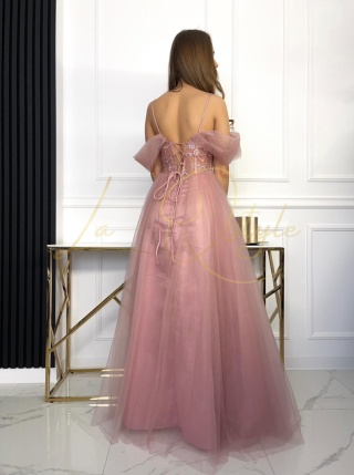 SCHERYL błyszcząca balowa sukienka tiulowa z gorsetem i rozcieciem księżniczka PUDROWY RÓŻ