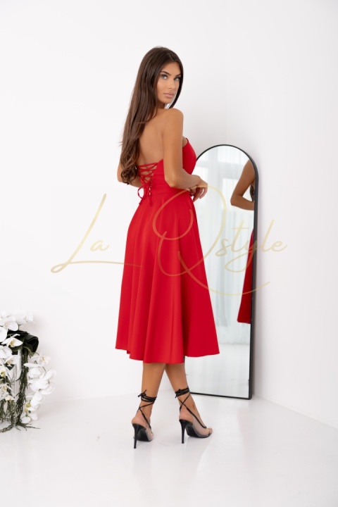 Gorsetowa sukienka midi z wiązaniem na plecach i paskiem CZERWONA