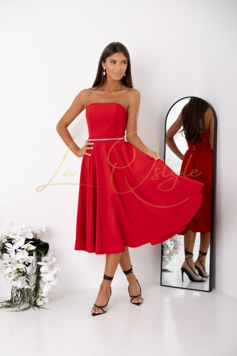 Gorsetowa sukienka midi z wiązaniem na plecach i paskiem CZERWONA