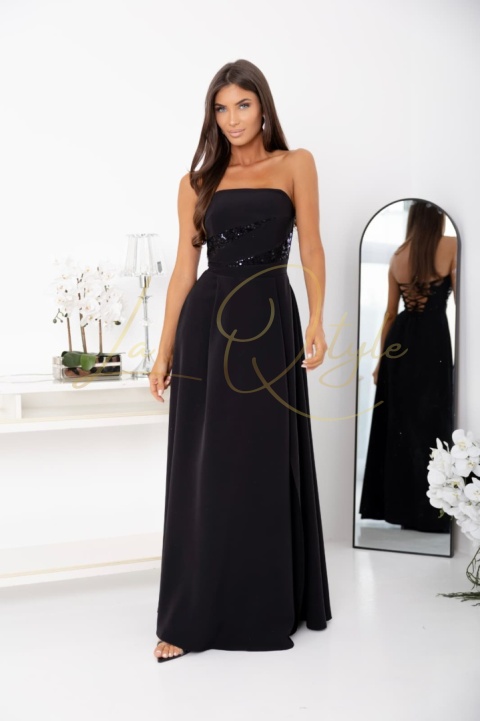 Maxi sukienka z wiązaniem na plecach i ozdobnym gorsetem CZARNA