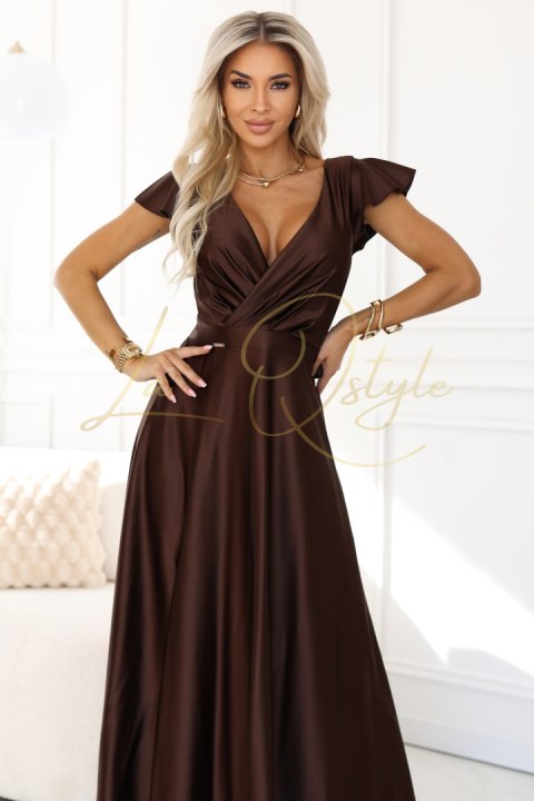 Satynowa długa suknia z dekoltem CZEKOLADOWA