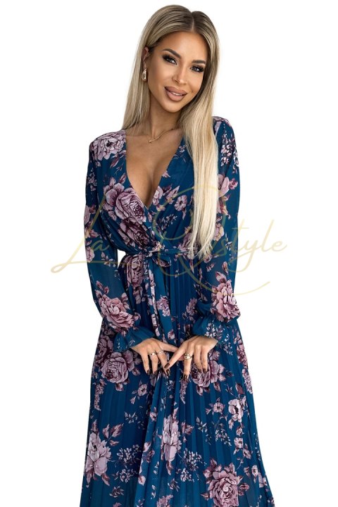 Plisowana szyfonowa długa sukienka z dekoltem, długim rękawkiem i paskiem NIEBIESKA w kwiaty