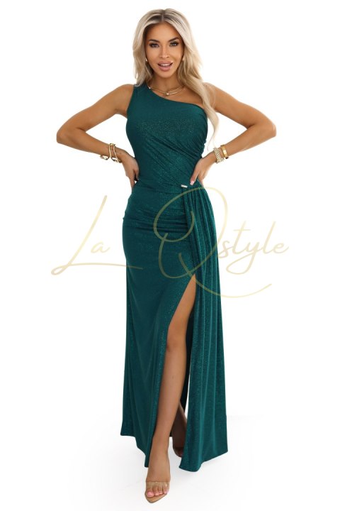 Połyskująca długa sukienka na jedno ramię z rozcięciem BUTELKOWA ZIELEŃ