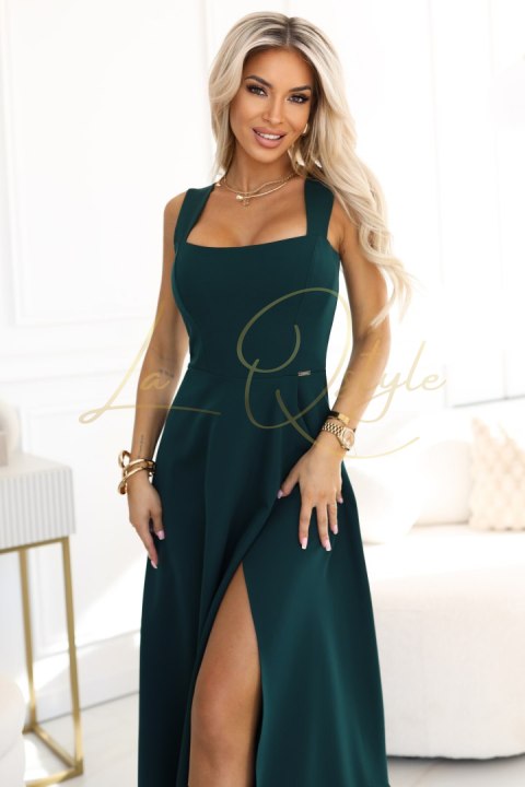 Długa sukienka z rozcięciem na nogę i dekoltem w caro BUTELKOWA ZIELEŃ