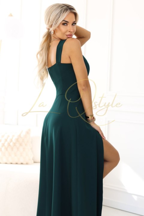 Długa sukienka z rozcięciem na nogę i dekoltem w caro BUTELKOWA ZIELEŃ