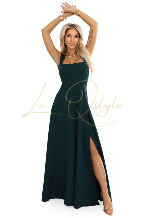 Długa sukienka z rozcięciem na nogę i dekoltem w caro BUTELKOWA ZIELEŃ