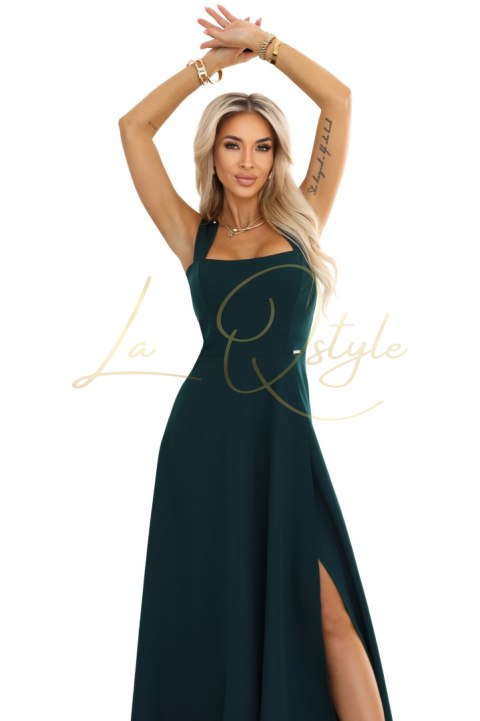 Długa sukienka z rozcięciem na nogę i dekoltem w caro BUTELKOWA ZIELEŃ