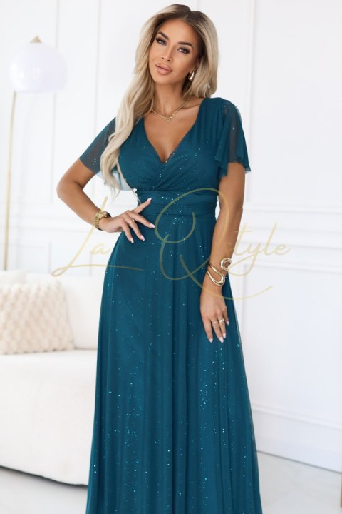 Długa błyszcząca suknia z dekoltem i krótkim rękawkiem ZIELEŃ BUTELKOWA