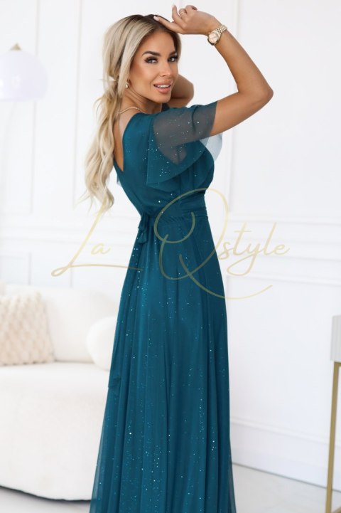 Długa błyszcząca suknia z dekoltem i krótkim rękawkiem ZIELEŃ BUTELKOWA