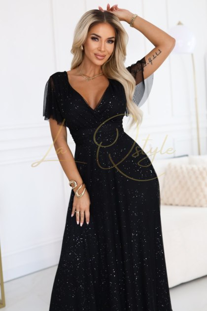 MELANIA długa błyszcząca suknia z dekoltem i krótkim rękawkiem CZARNA