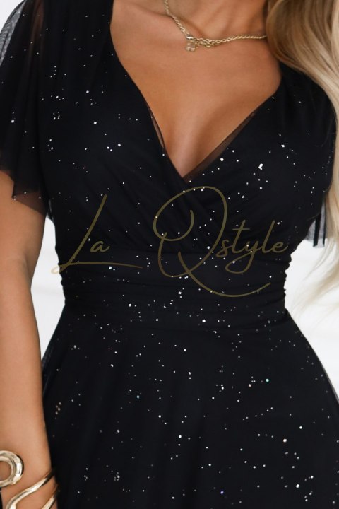 Długa błyszcząca suknia z dekoltem i krótkim rękawkiem CZARNA