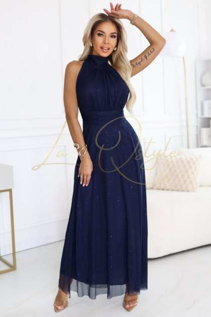 VERONICA luksusowa długa suknia z brokatowym akcentem i szykownym krojem GRANATOWA