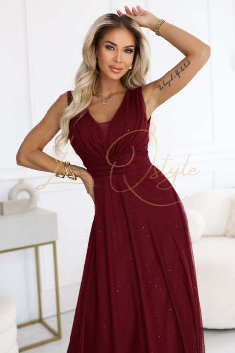 Wieczorowa długa sukienka z brokatowym akcentem i głębokim dekoltem BORDOWA