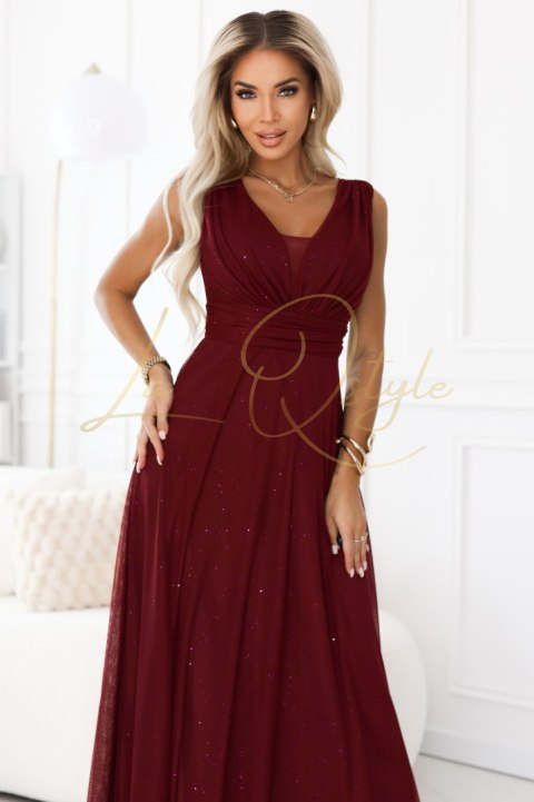 Wieczorowa długa sukienka z brokatowym akcentem i głębokim dekoltem BORDOWA