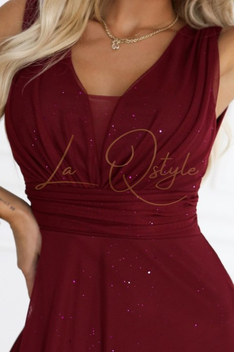 Wieczorowa długa sukienka z brokatowym akcentem i głębokim dekoltem BORDOWA