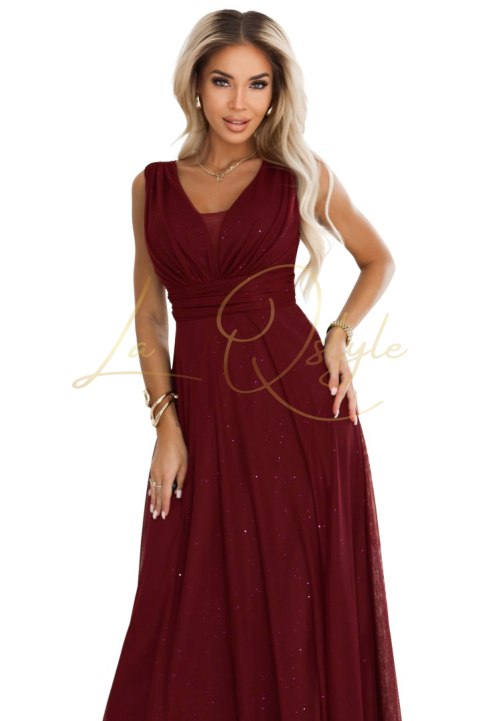 Wieczorowa długa sukienka z brokatowym akcentem i głębokim dekoltem BORDOWA