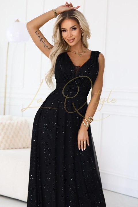Wieczorowa długa sukienka z brokatowym akcentem i głębokim dekoltem CZARNA