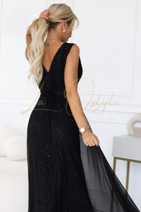 Wieczorowa długa sukienka z brokatowym akcentem i głębokim dekoltem CZARNA