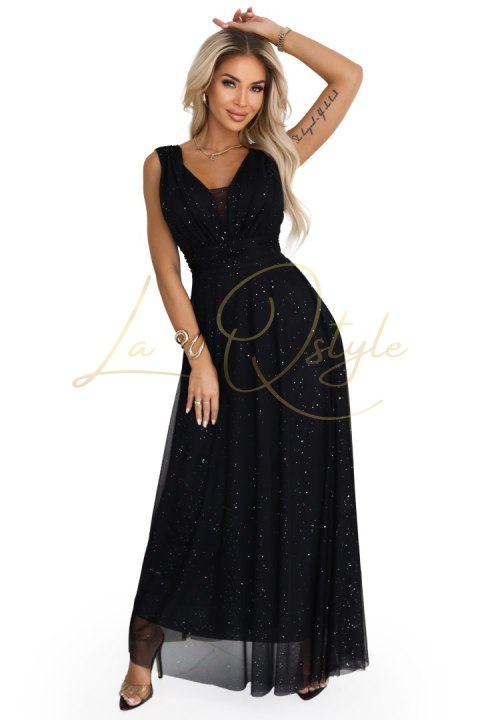 Wieczorowa długa sukienka z brokatowym akcentem i głębokim dekoltem CZARNA