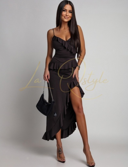 AMMARI asymetryczna sukienka na ramiączkach z falbanami CZEKOLADOWA