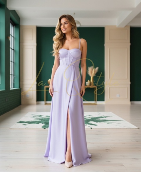 Długa sukienka satynowa z rozcięciem i gorsetem LILA