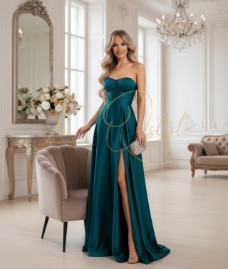 EMMA długa sukienka satynowa z rozcięciem i gorsetem MORSKA