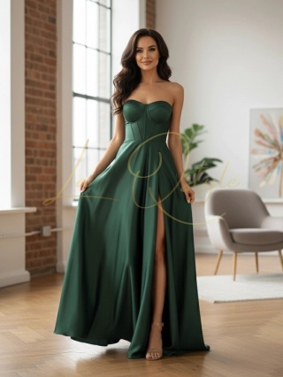 EMMA długa sukienka satynowa z rozcięciem i gorsetem OLIWKOWA