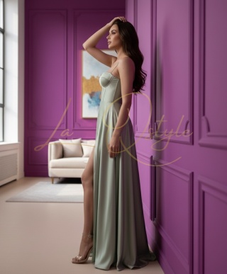 EMMA długa sukienka satynowa z rozcięciem i gorsetem SZAŁWIOWA