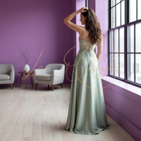 Długa sukienka satynowa z rozcięciem i gorsetem SZAŁWIOWA