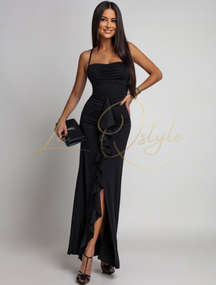 HAJAR dopasowana maxi sukienka z falbanami i rozcięciem CZARNA