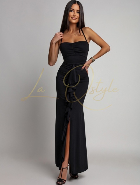 Dopasowana maxi sukienka z falbanami i rozcięciem CZARNA