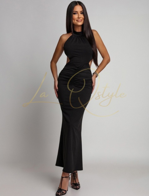 Dopasowana długa sukienka z dekoltem halter i odkrytymi plecami CZARNA