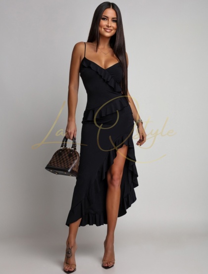 AMMARI asymetryczna sukienka na ramiączkach z falbanami CZARNA