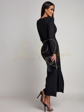 JASMINE długa sukienka z rozcięciem i ozdobą na dekolcie CZARNA