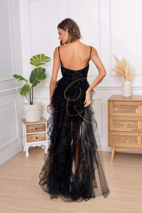 Cekinowa asymetryczna sukienka z tiulowymi falbanami CZARNA