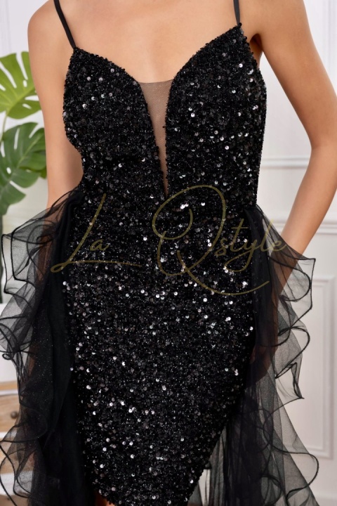 Cekinowa asymetryczna sukienka z tiulowymi falbanami CZARNA