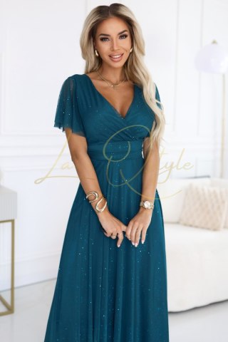 MELANIA długa błyszcząca suknia z dekoltem i krótkim rękawkiem ZIELEŃ BUTELKOWA