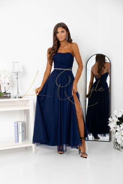 NOEMI długa tiulowa sukienka z gorsetem i ozdobnym paskiem GRANATOWA