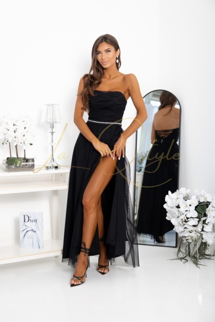 NOEMI długa tiulowa sukienka z gorsetem i ozdobnym paskiem CZARNA