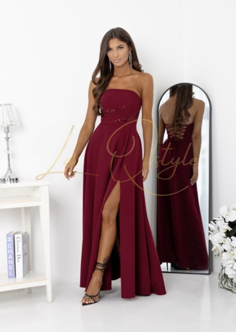 Maxi sukienka z wiązaniem na plecach i ozdobnym gorsetem BORDOWA