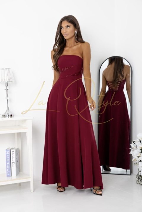 Maxi sukienka z wiązaniem na plecach i ozdobnym gorsetem BORDOWA