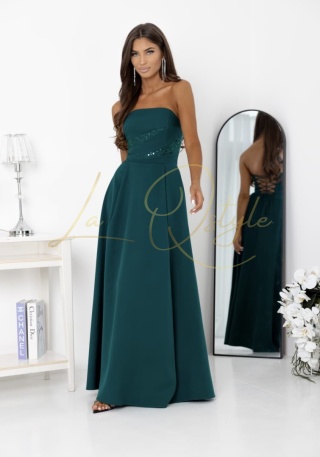 ROSSANA maxi sukienka z wiązaniem na plecach i ozdobnym gorsetem BUTELKOWA ZIELEŃ