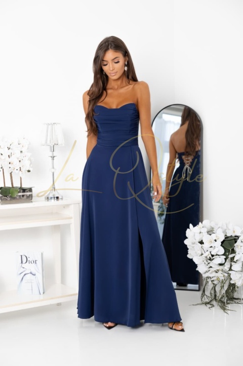 Długa sukienka gorsetowa z ozdobnym wiązaniem na plecach GRANATOWA