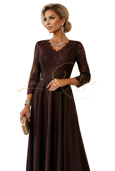 Elegancka długa koronkowa suknia z dekoltem CZEKOLADOWA