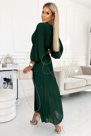 414-1 KLARA plisowana sukienka z paskiem i dekoltem - ZIELEŃ BUTELKOWA