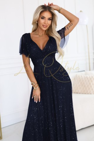 MELANIA długa błyszcząca suknia z dekoltem i krótkim rękawkiem GRANATOWA