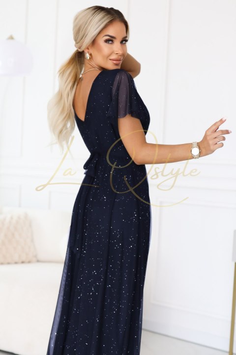 Długa błyszcząca suknia z dekoltem i krótkim rękawkiem GRANATOWA