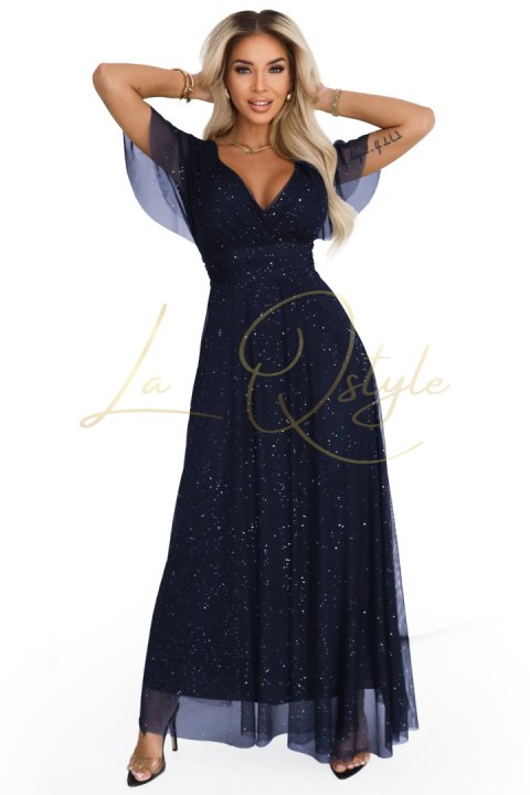 Długa błyszcząca suknia z dekoltem i krótkim rękawkiem GRANATOWA